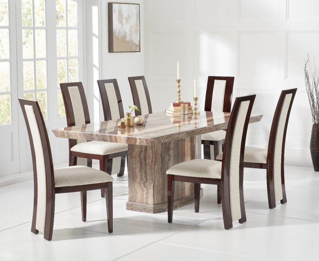 Carvelle 200cm Brown Pedestal Marble Dining Table with 6 Black Novara Chairs