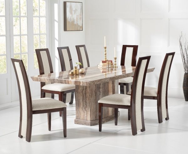 Carvelle 200cm Brown Pedestal Marble Dining Table with 6 Black Novara Chairs | Bed Sava