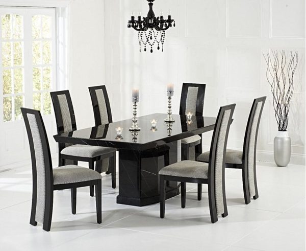 Carvelle 160cm Black Pedestal Marble Dining Table with 8 Black Novara Chairs | Bed Sava