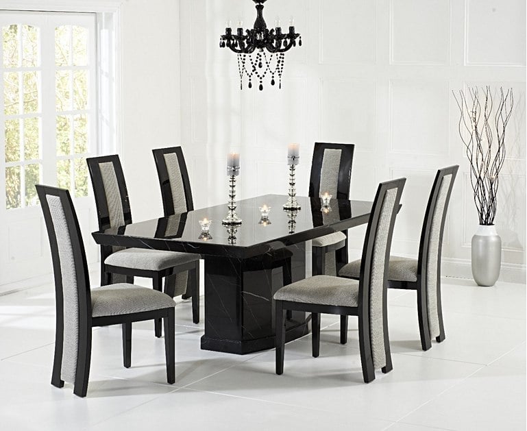 Carvelle 160cm Black Pedestal Marble Dining Table with 4 Brown Novara Chairs