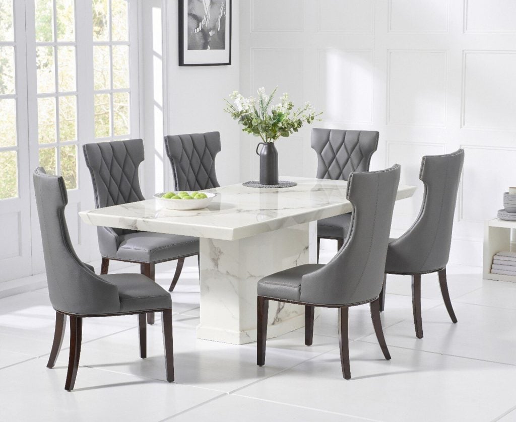 Carvelle 160cm White Pedestal Marble Dining Table with 4 Cream Sophia Chairs