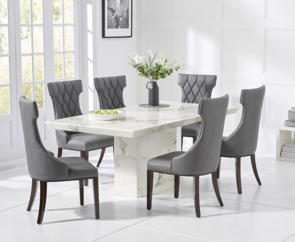 Carvelle 160cm White Pedestal Marble Dining Table with 4 Grey Sophia Chairs | Bed Sava