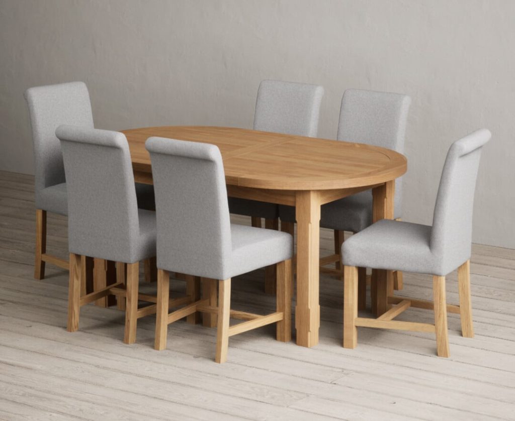 Extending Caversham Oak Oval Dining Table with 10 Brown Scroll Back Chairs