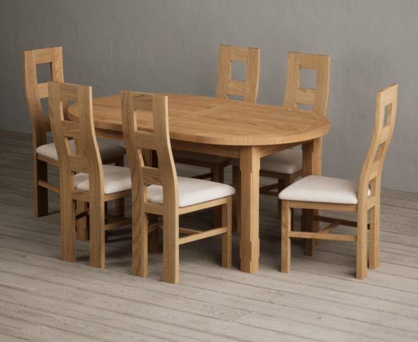 Extending Caversham Oak Oval Dining Table with 10 Light Grey Natural Chairs | Bed Sava