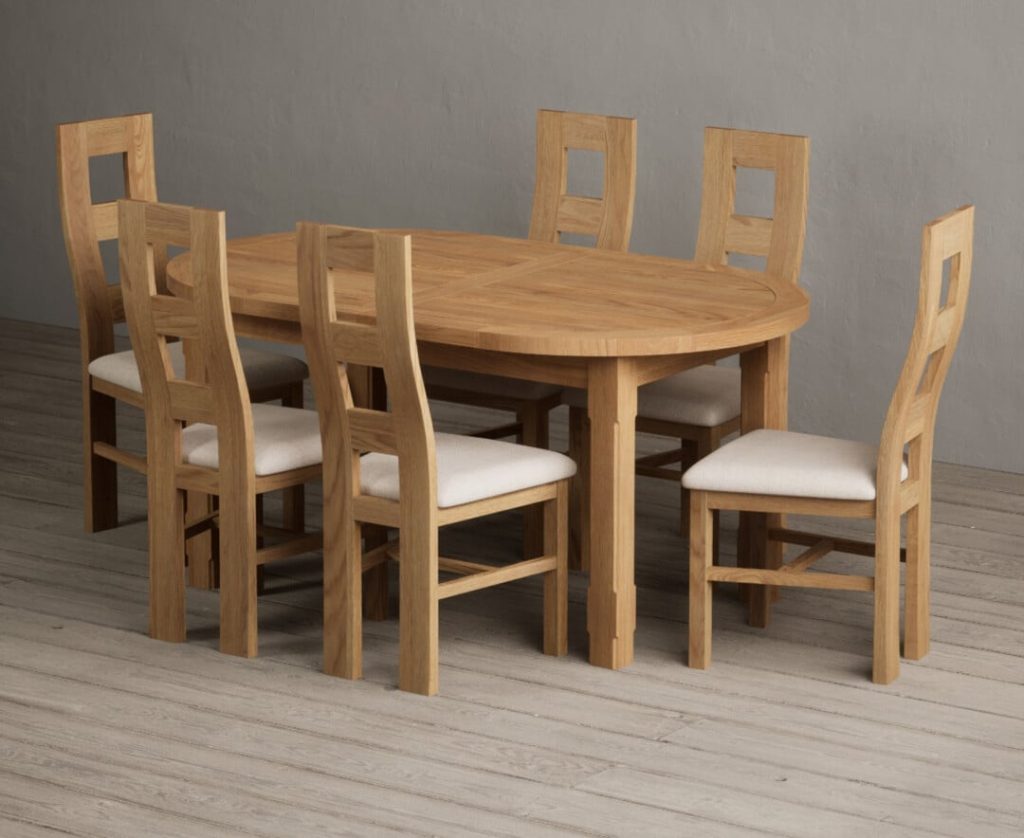 Extending Caversham Oak Oval Dining Table with 10 Linen Natural Chairs