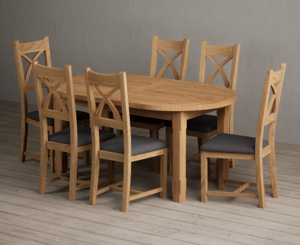 Extending Caversham Oak Oval Dining Table with 10 Brown Natural Solid Oak Chairs