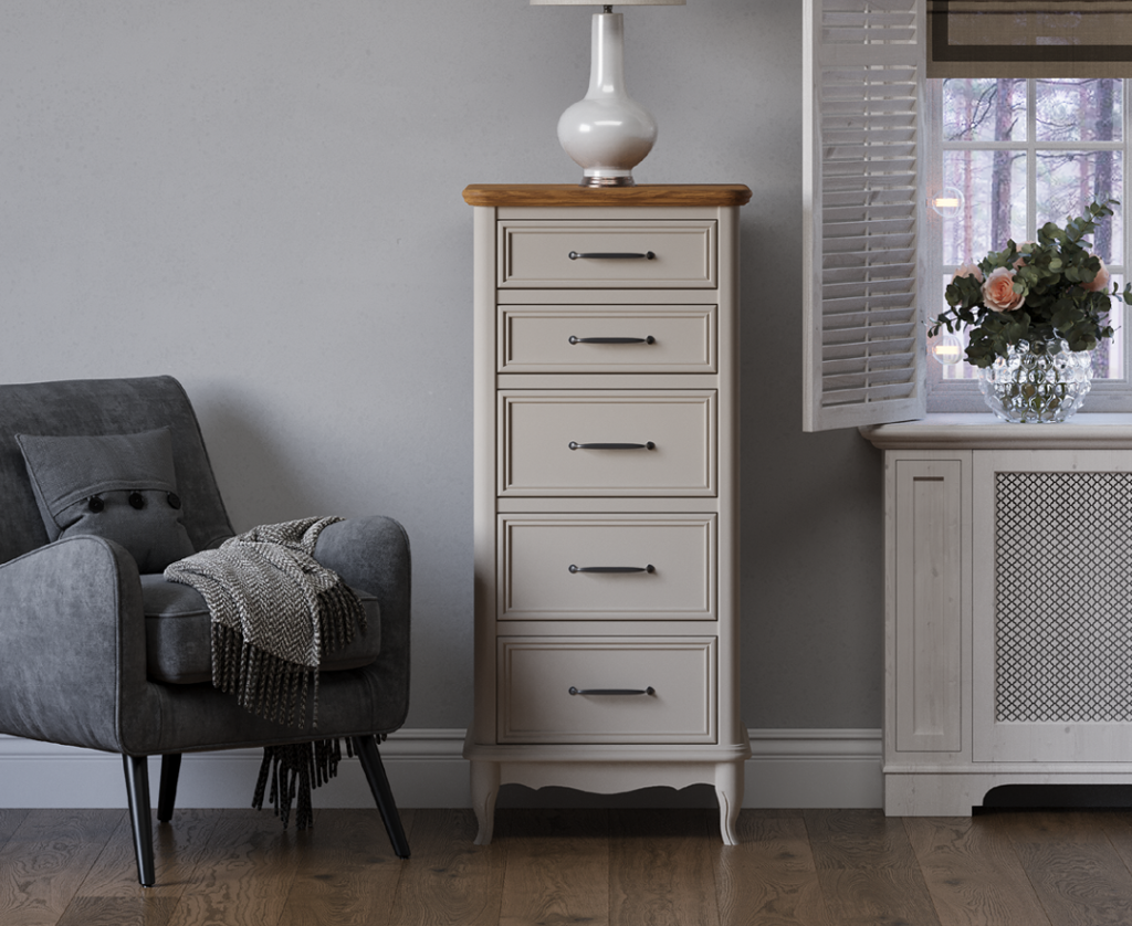 Chateau Oak and Soft White Painted 5 Drawer Tallboy