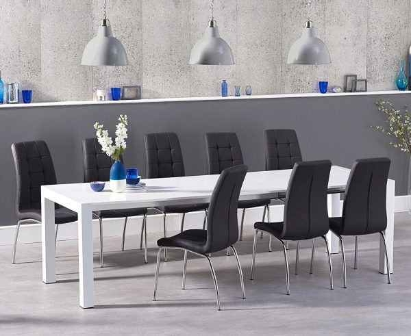 Extending Cleveland White High Gloss Dining Table with 6 Grey Enzo Chairs | Bed Sava