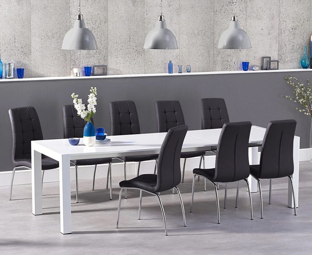 Extending Cleveland White High Gloss Dining Table with 8 Grey Enzo Chairs