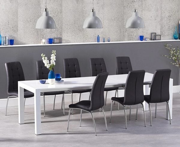 Extending Cleveland White High Gloss Dining Table with 8 Red Enzo Chairs | Bed Sava