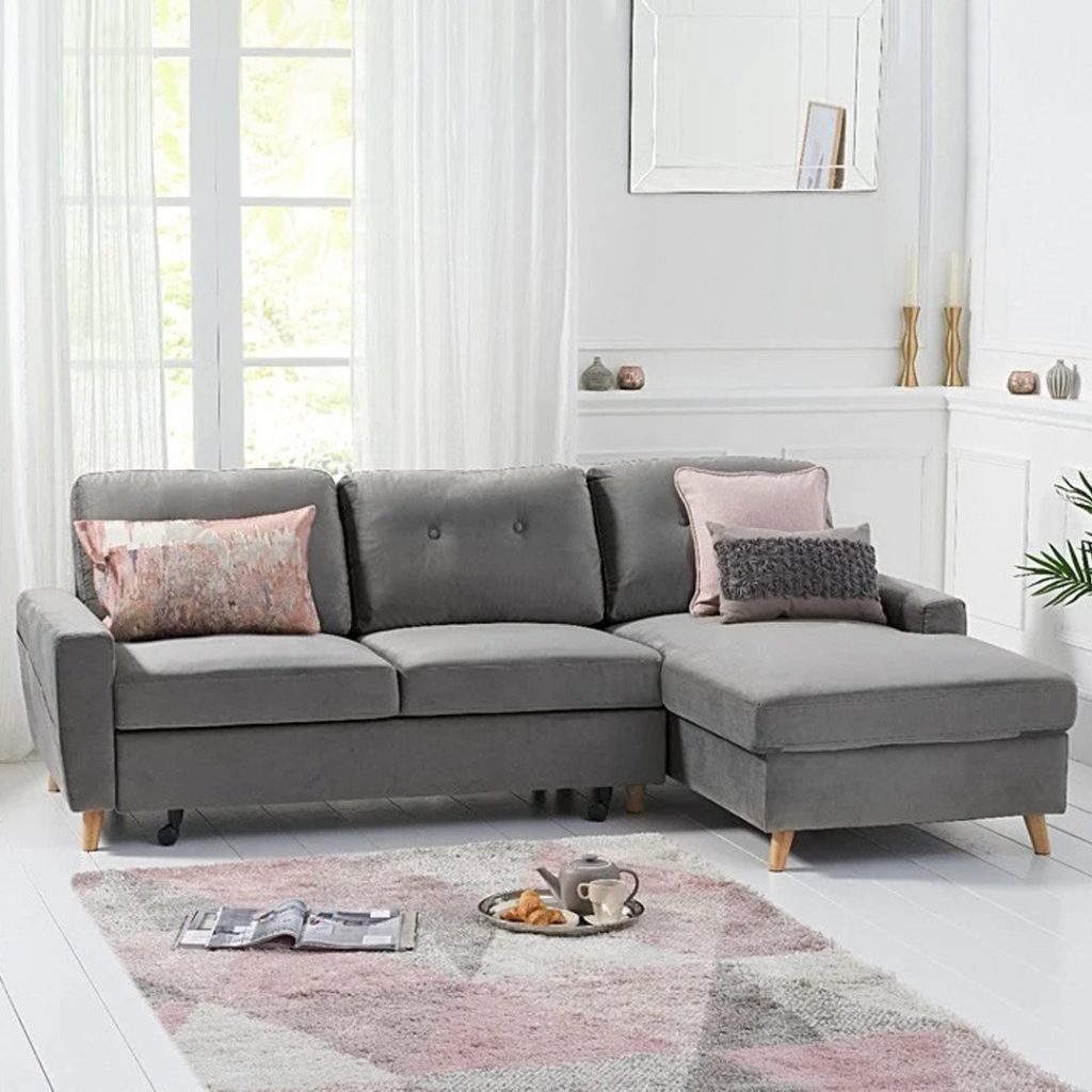 Florence Right Facing Chaise Sofa Bed in Grey Velvet