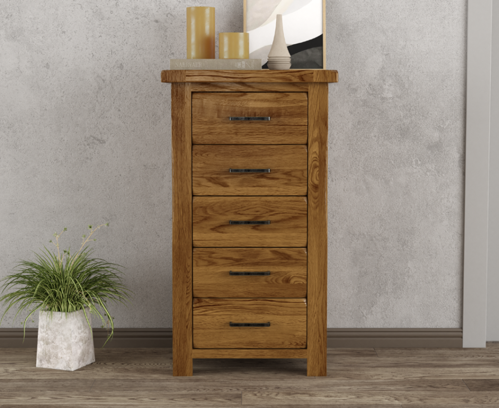 Harrogate Rustic Solid Oak 5 Drawer Tallboy