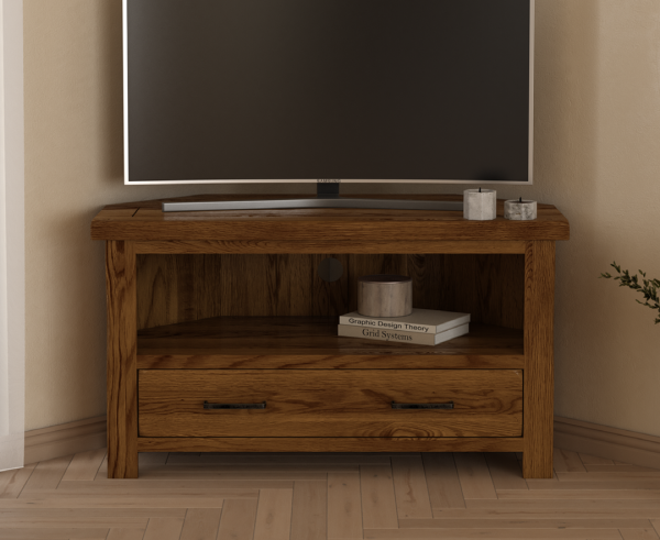 Harrogate Rustic Solid Oak Corner TV Cabinet | Bed Sava
