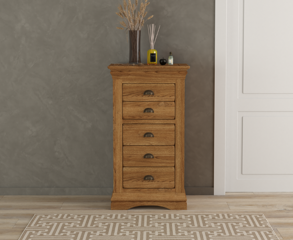 Burford Rustic Solid Oak 5 Drawer Tallboy