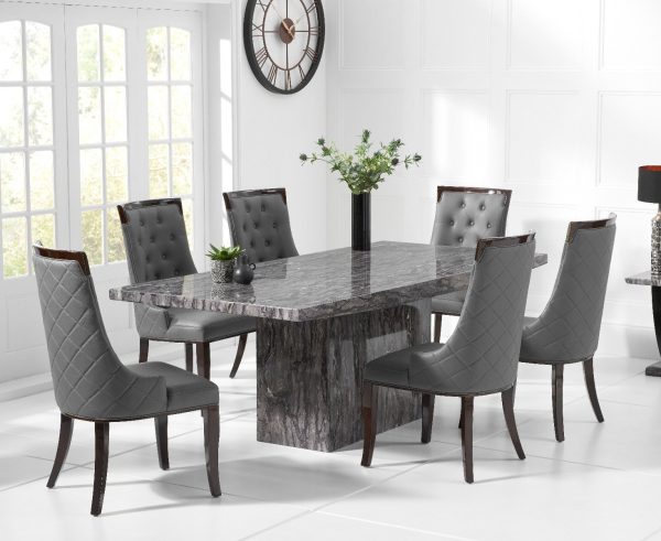 Crema 160cm Grey Marble Dining Table with 6 Cream Francesca Chairs | Bed Sava