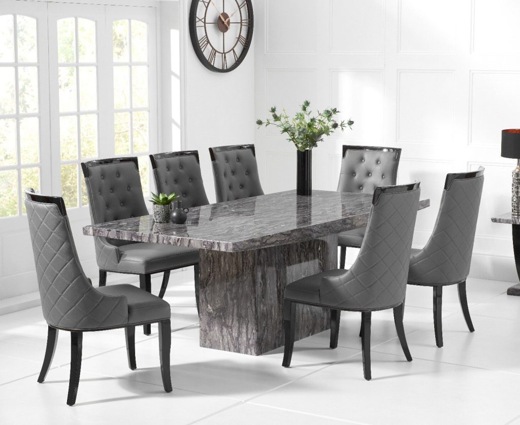 Crema 220cm Grey Marble Dining Table with 6 Grey Francesca Chairs