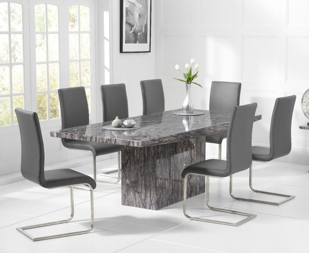 Crema 220cm Grey Marble Dining Table with 10 Grey Austin Chairs