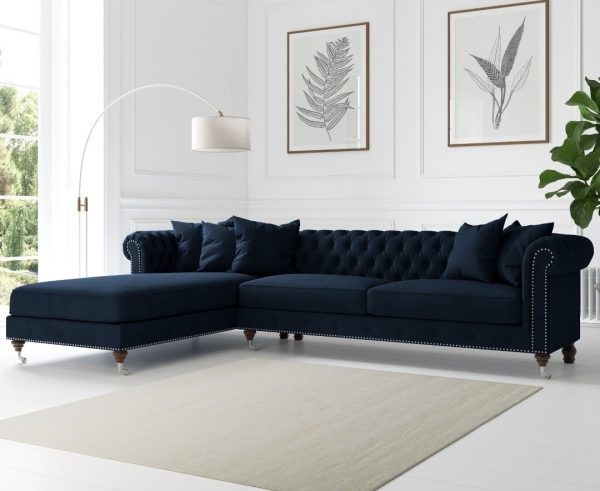 Chiswick Extra Large Blue Velvet Left Facing Chesterfield Corner Chaise Sofa | Bed Sava