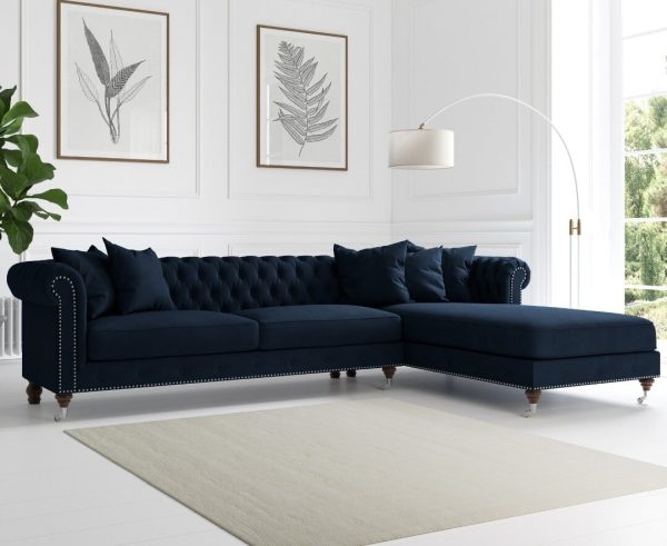Chiswick Extra Large Blue Velvet Right Facing Chesterfield Corner Chaise Sofa | Bed Sava