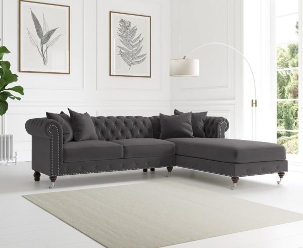 Chiswick 3 Seater Dark Grey Velvet Right Facing Chesterfield Corner Chaise Sofa | Bed Sava