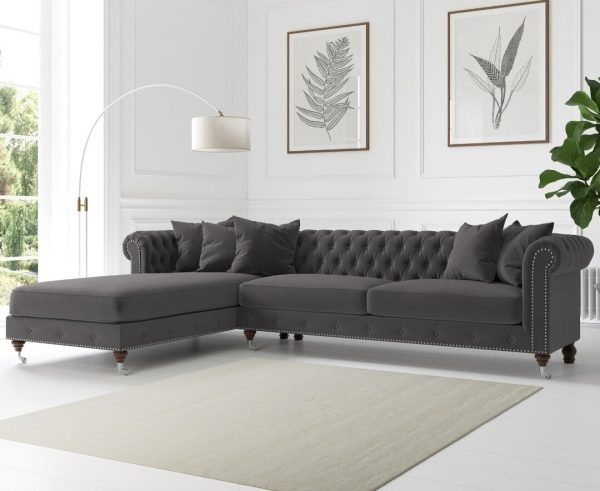 Chiswick Extra Large Dark Grey Velvet Left Facing Chesterfield Corner Chaise Sofa | Bed Sava