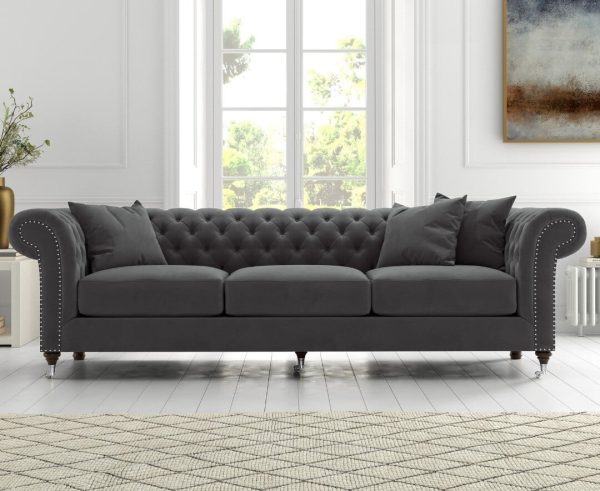 Kensington Chesterfield Dark Grey Velvet 3 Seater Sofa | Bed Sava