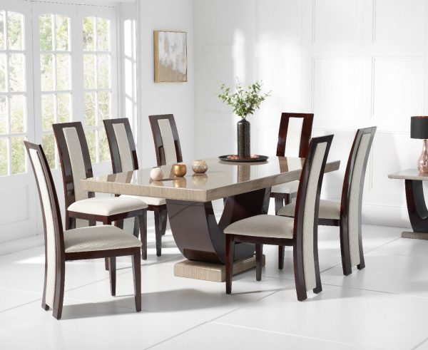 Novara 200cm Brown Pedestal Marble Dining Table with 10 Black Novara Chairs | Bed Sava