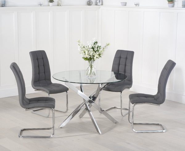 Bernini 110cm Glass Dining Table with 4 Grey Vigo Chairs | Bed Sava