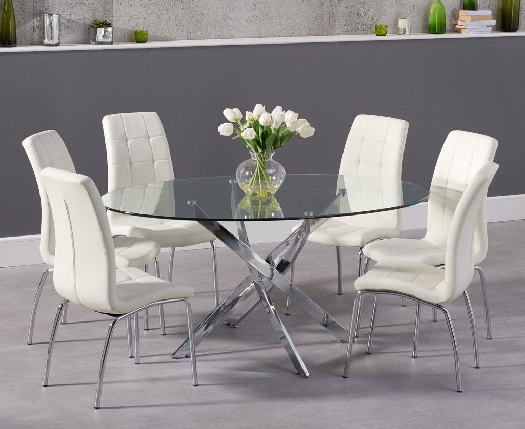 Bernini 165cm Oval Glass Dining Table with 4 Grey Vigo Chairs