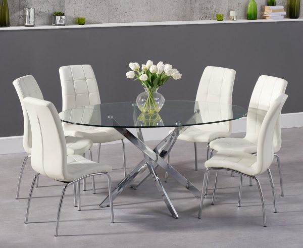 Bernini 165cm Oval Glass Dining Table with 4 Grey Vigo Chairs | Bed Sava