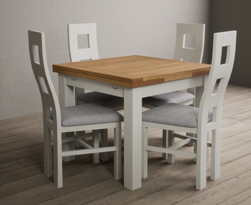 Extending Buxton 90cm Oak and Signal White Painted Dining Table with 4 Blue Painted Chairs