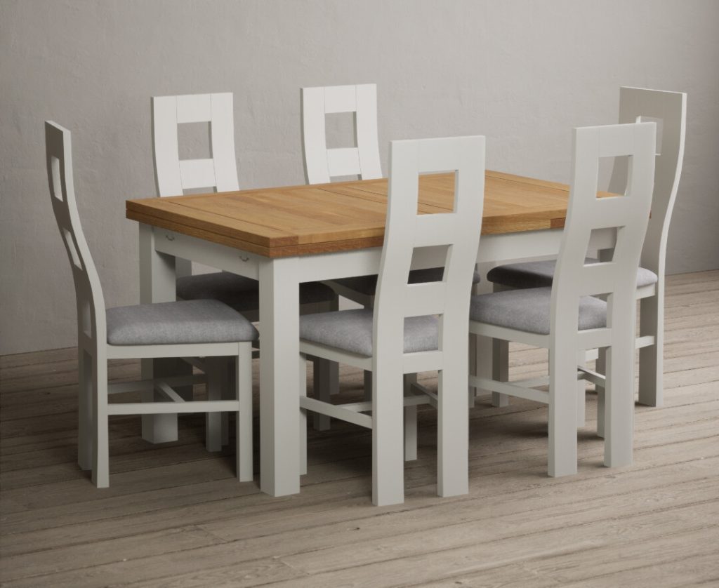 Extending Buxton 140cm Oak and Signal White Painted Dining Table with 6 Oak Painted Chairs