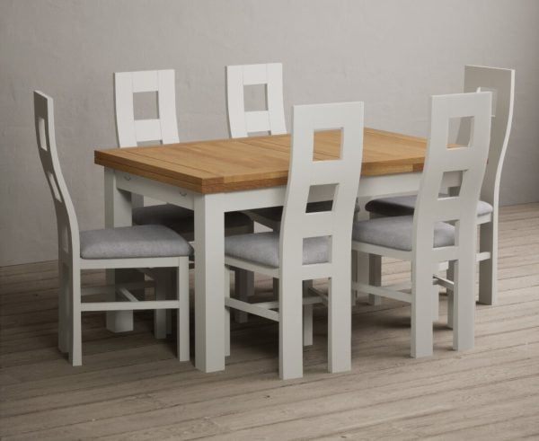 Extending Buxton 140cm Oak and Signal White Painted Dining Table with 8 Light Grey Painted Chairs | Bed Sava