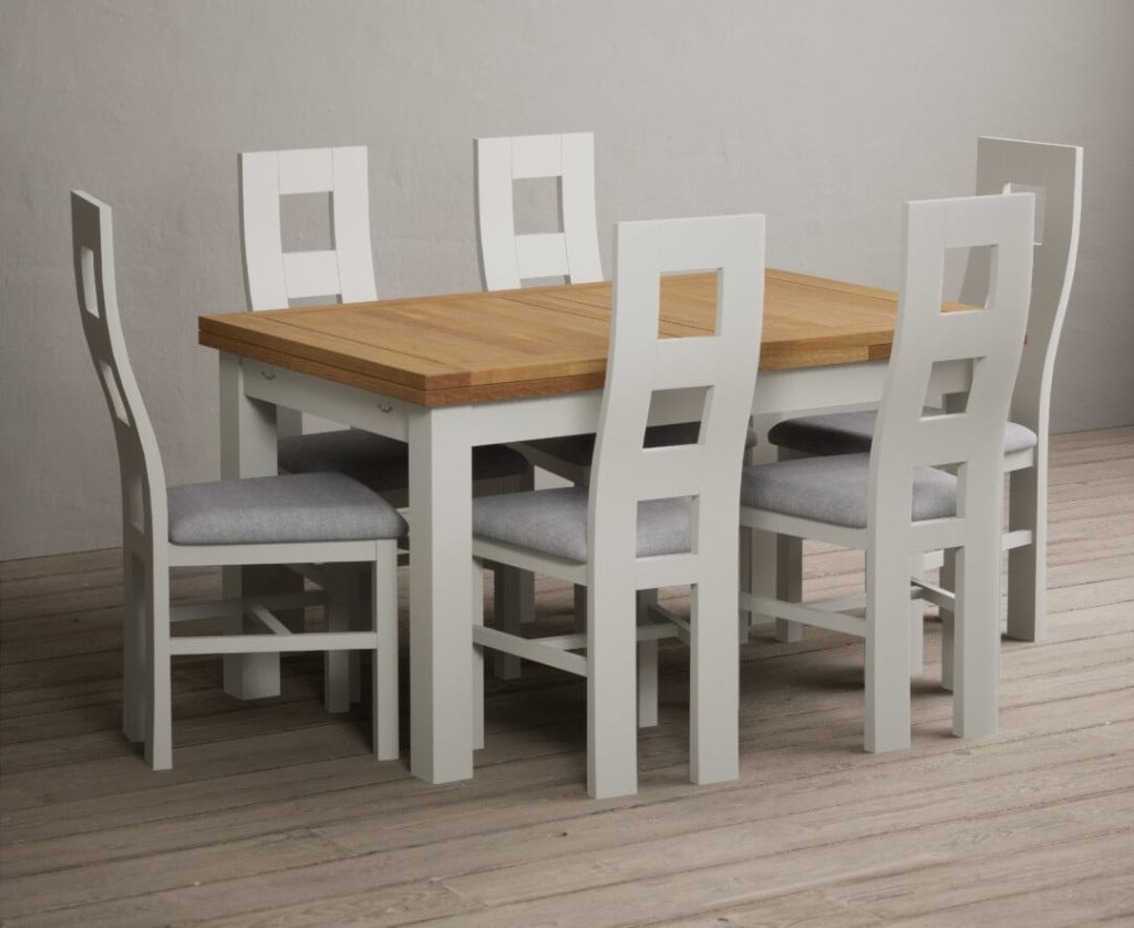 Extending Buxton 140cm Oak and Signal White Painted Dining Table with 6 Brown Painted Chairs