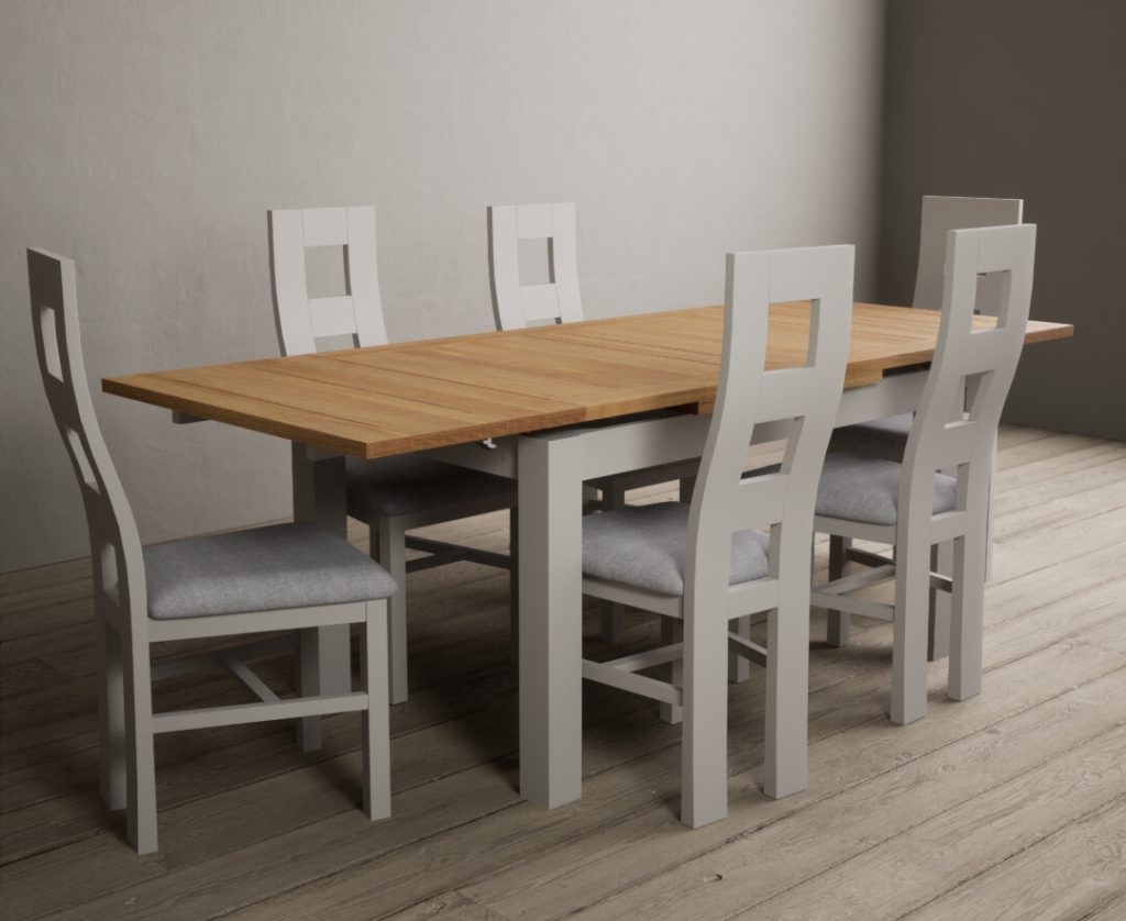 Extending Buxton 140cm Oak and Soft White Painted Dining Table with 6 Brown Painted Chairs