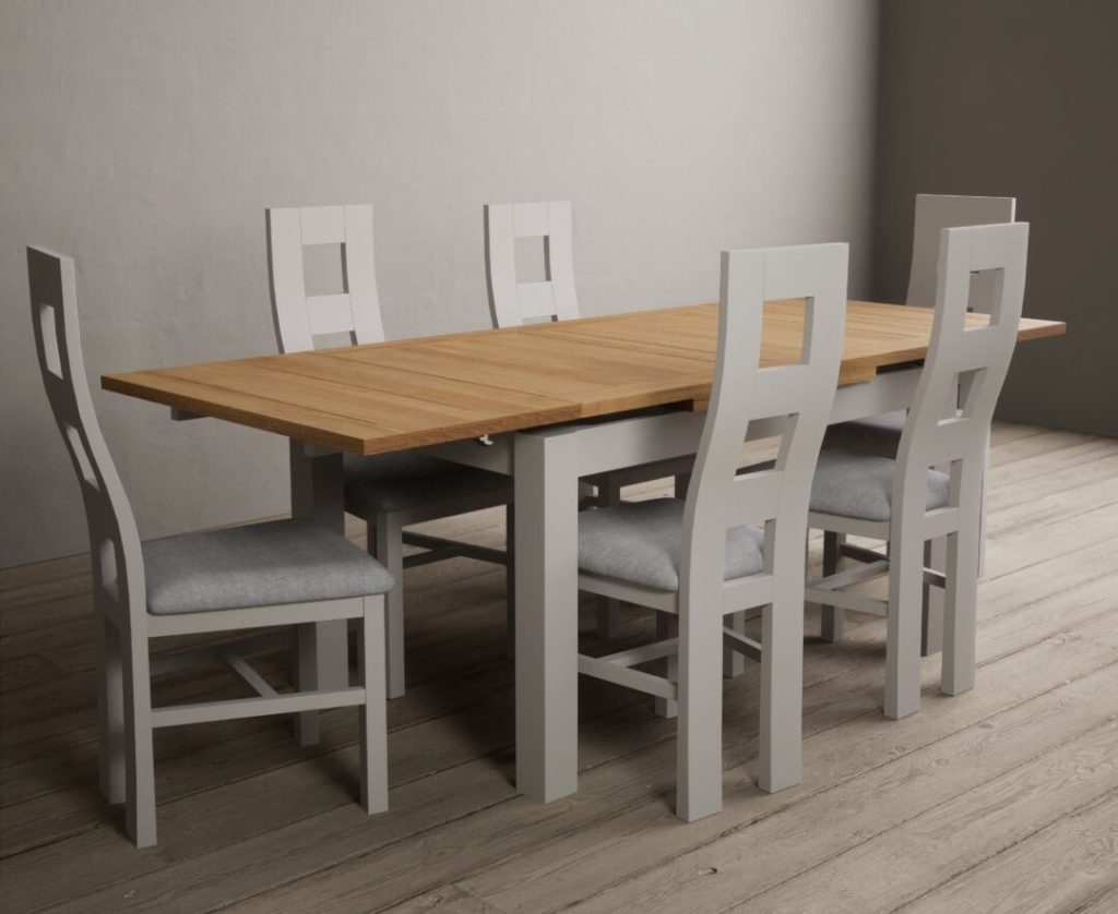 Extending Buxton 140cm Oak and Soft White Painted Dining Table with 8 Linen Painted Chairs