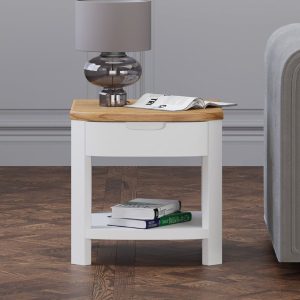 Bradwell Oak and Signal White Painted 1 Drawer Lamp Table | Bed Sava