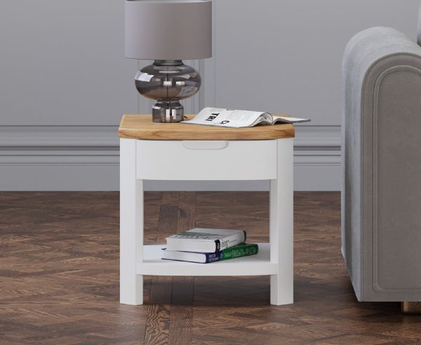 Bradwell Oak and Signal White Painted 1 Drawer Lamp Table | Bed Sava