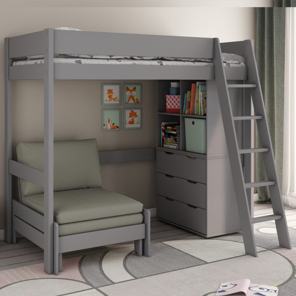 Kids Avenue Estella Grey High Sleeper with Sofabed, Chest and Cube