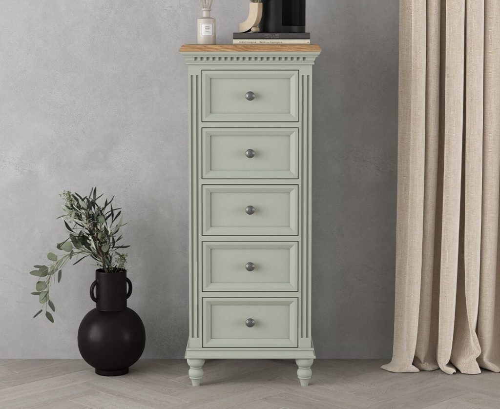 Francis Oak and Soft Green Painted 5 Drawer Tallboy
