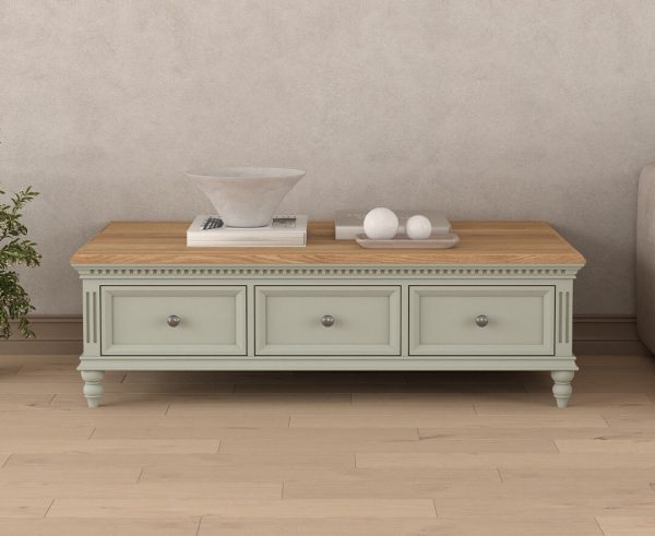 Francis Oak and Soft Green Painted 6 Drawer Extra Large Coffee Table | Bed Sava