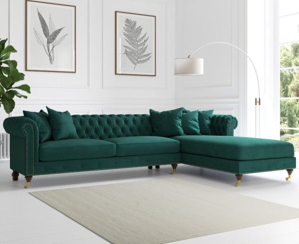 Chiswick Extra Large Green Velvet Right Facing Chesterfield Corner Chaise Sofa | Bed Sava