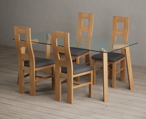 Lakelyn 180cm Solid Oak and Glass Dining Table with 4 Charcoal Grey Natural Chairs | Bed Sava