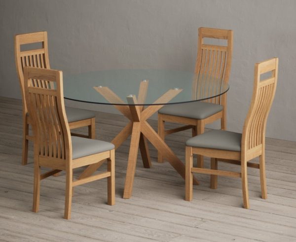 Lakelyn 140cm Round Solid Oak and Glass Dining Table with 4 Oak Monroe Chairs | Bed Sava