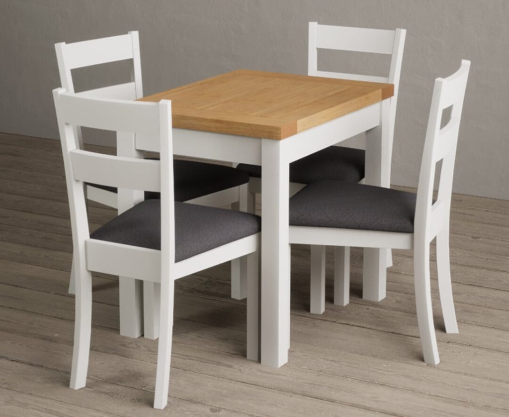 Extending Hadleigh Oak and Signal White Painted Dining Table with 6 Linen Kendal Chairs