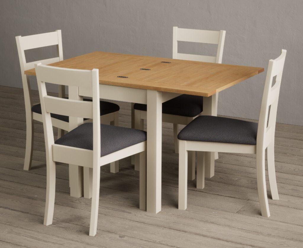 Extending Hadleigh Oak and Cream Painted Dining Table with 2 Light Grey Kendal Chairs | Bed Sava