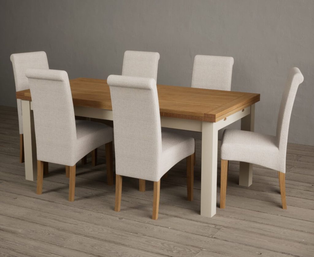 Extending Buxton 180cm Oak and Cream Painted Dining Table with 10 Charcoal Grey Scroll Back Chairs