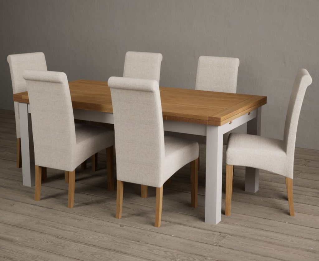 Extending Buxton 180cm Oak and Soft White Painted Dining Table with 6 Grey Scroll Back Chairs
