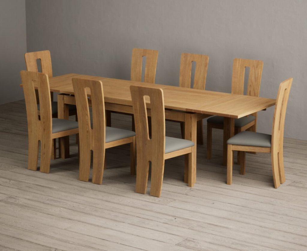 Extending Buxton 180cm Solid Oak Dining Table with 8 Grey Lucca Chairs