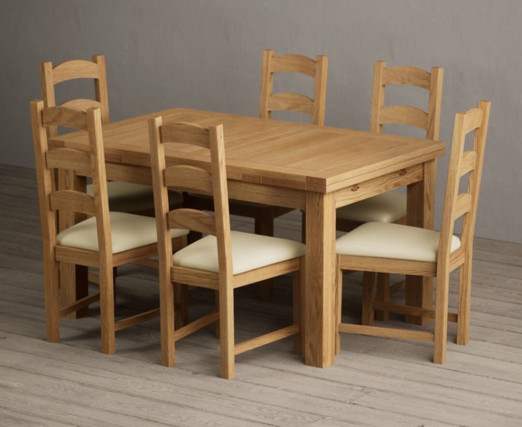 Extending Buxton 140cm Solid Oak Dining Table with 8 Grey Alton Chairs